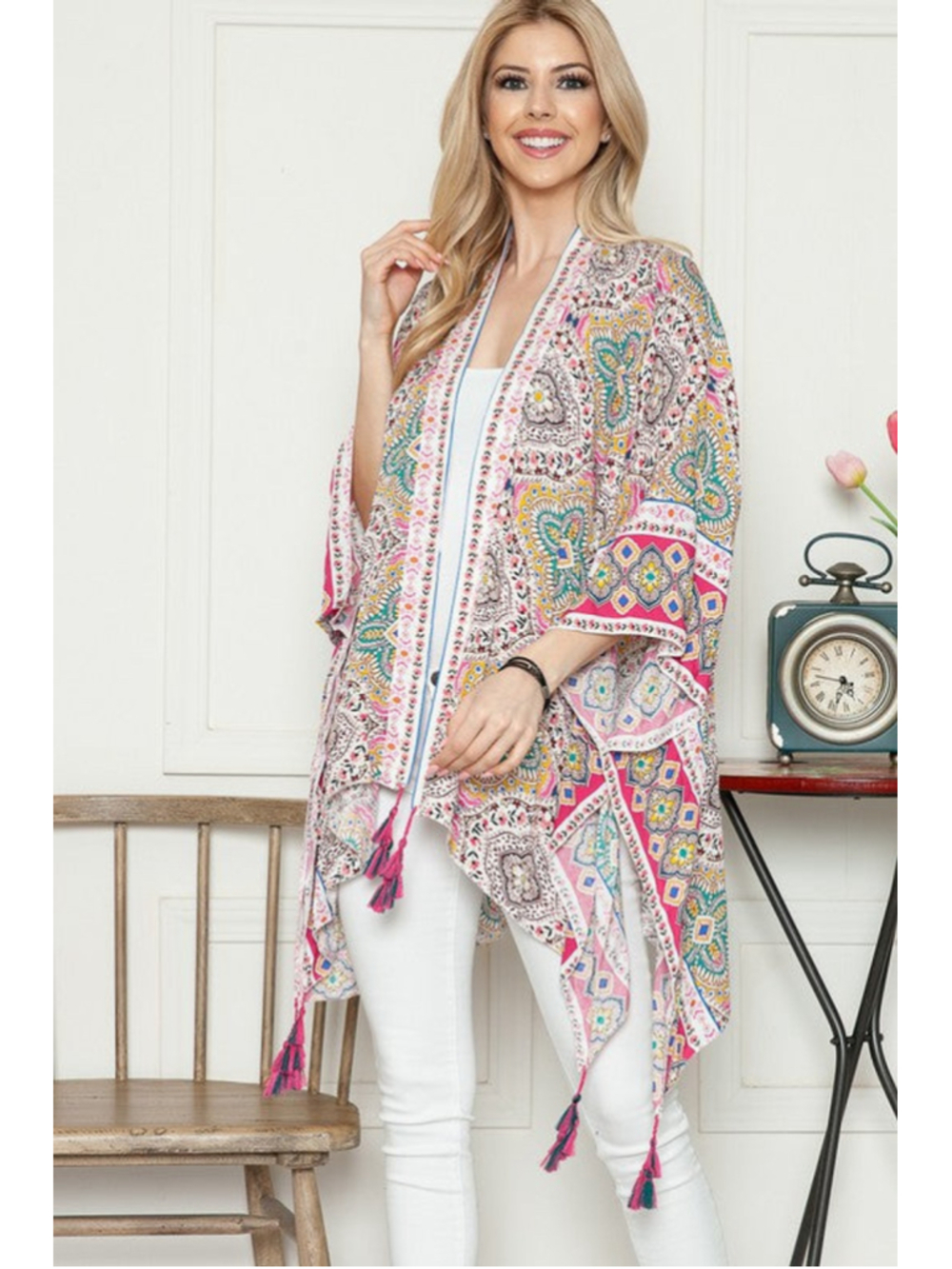 🇺🇸 Women's Unbranded Paisley Tassel Kimono Coverup One Size White Pink - Picture 4 of 6